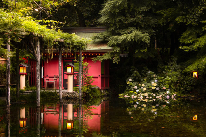 red temple in woods