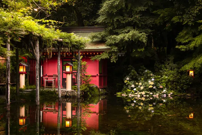 red temple in woods